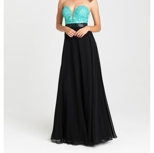 Size 12 black/aqua sparkly lace chiffon aline evening gown by Madison James NWT